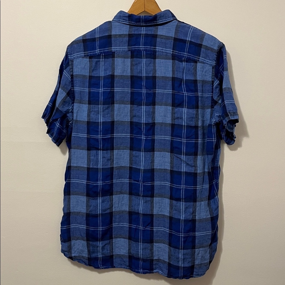 BANANA REPUBLIC 100% Linen Camden Fit Short Sleeve Button Down Blue Plaid - Picture 4 of 4